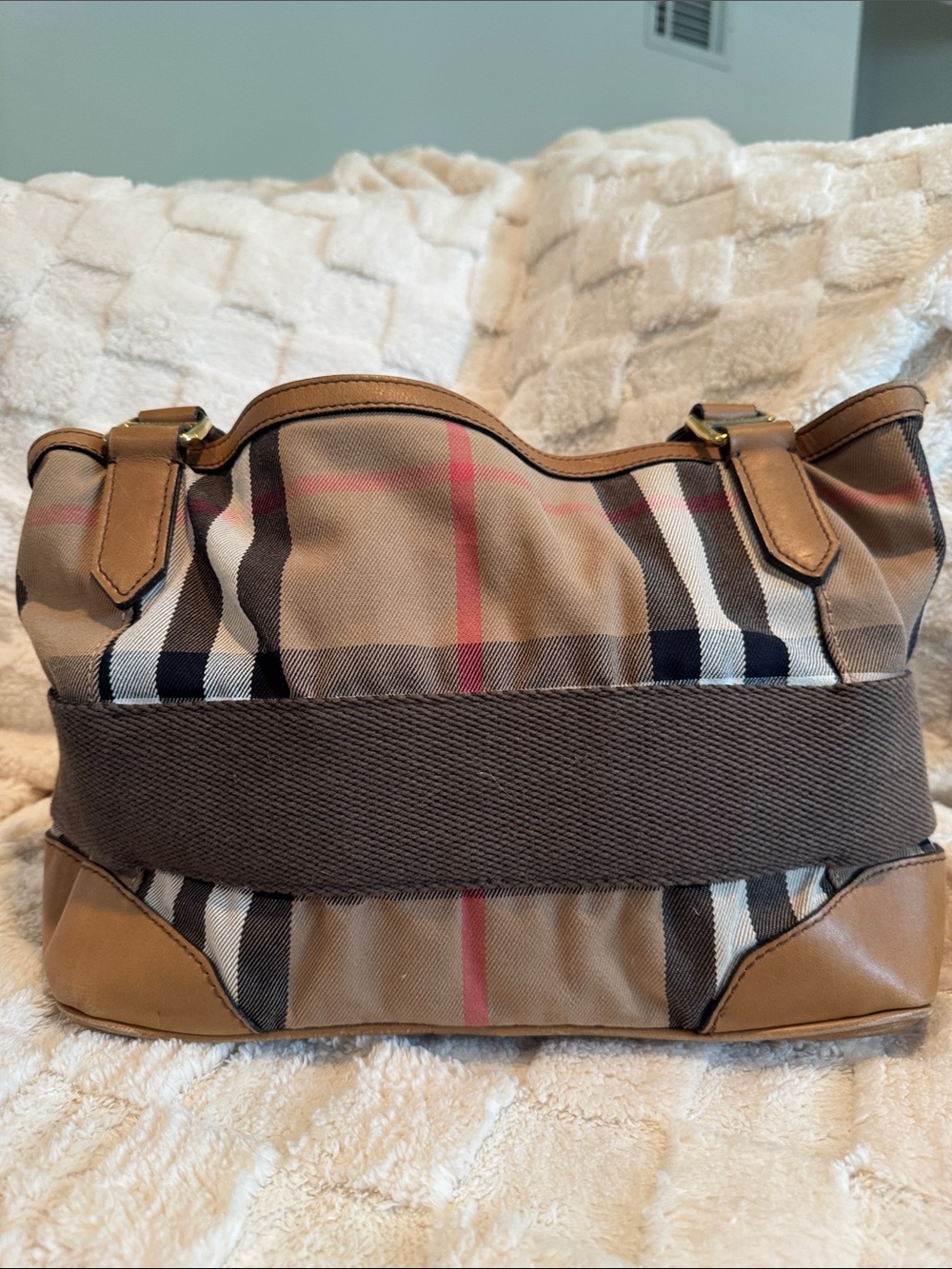 Burberry Beige Plaid and Brown Leather Satchel - Picture 10 of 15